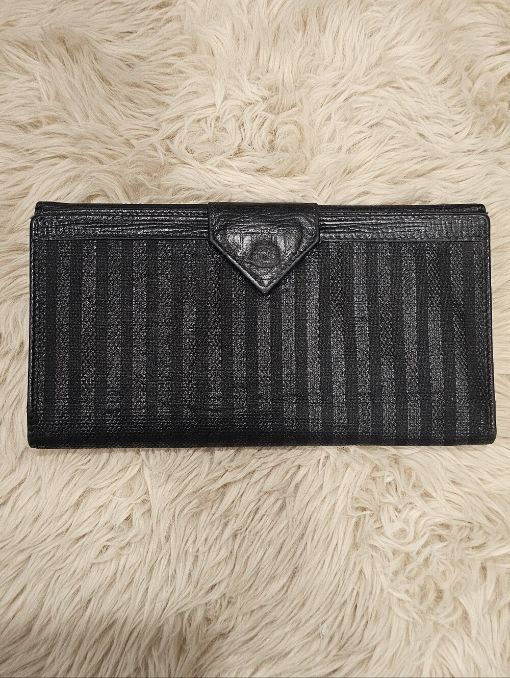 Fendi Vintage Dark Black Leathet Striped Wallet